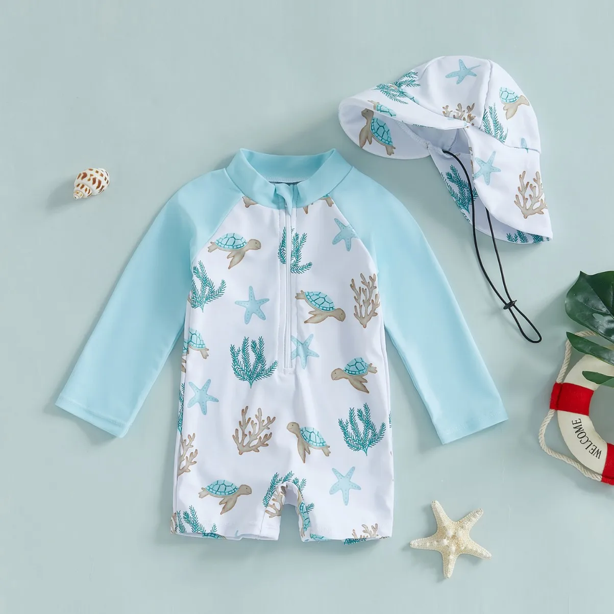 Boys One-piece Swimsuit with Sun Hat Kids Long Sleeve Cartoon Dinosaur Sun-protective Quick-Dry Swimwear Baby Bathing Costume