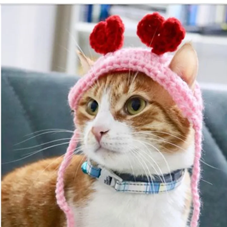 Pet Cute Supplies Cat Headwear Knitted Two Love Headgear Pet Birthday Dress Up Dog Hats Birthday Christmas Gift Adjustable