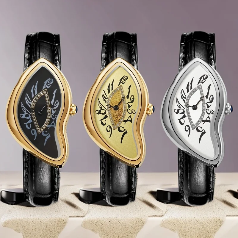 ساعة كوارتز رجالية بتصميم مشوه مستوحى من الغريبة مع حزام جلدي متخصص على طراز الشارع الشهير ساعة نسائية y2k #2