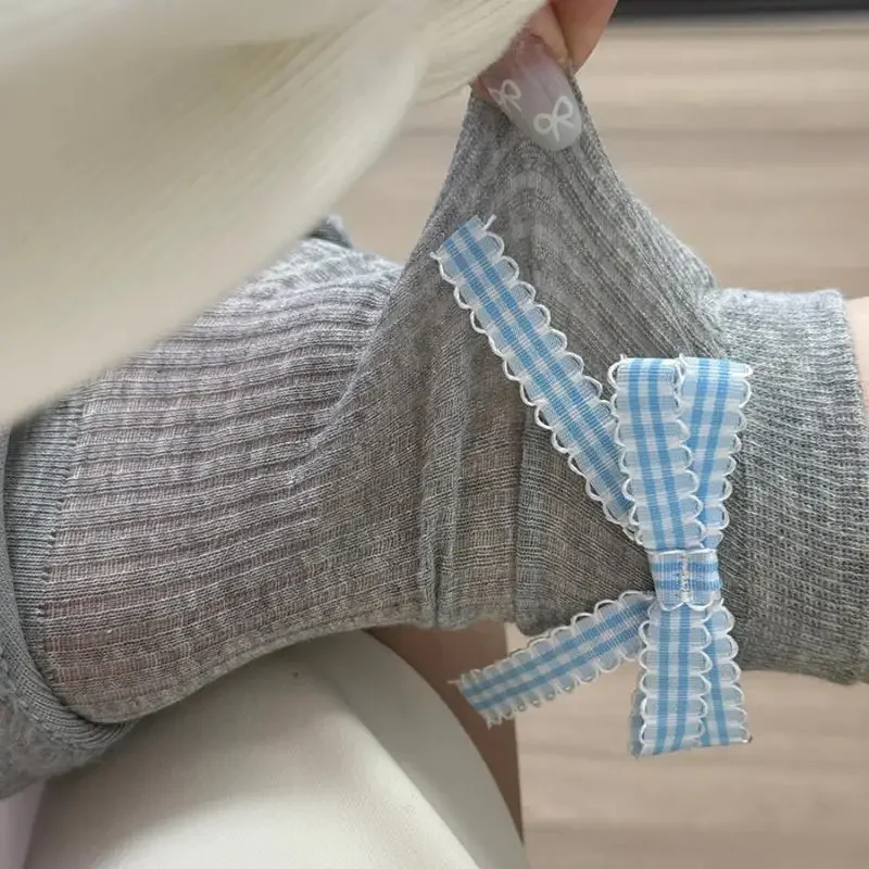 جوارب باليه على طراز منتصف الساق مع عقدة فراشة منقوشة رقيقة للصيف على طراز JK جوارب قطنية متوسطة الساق