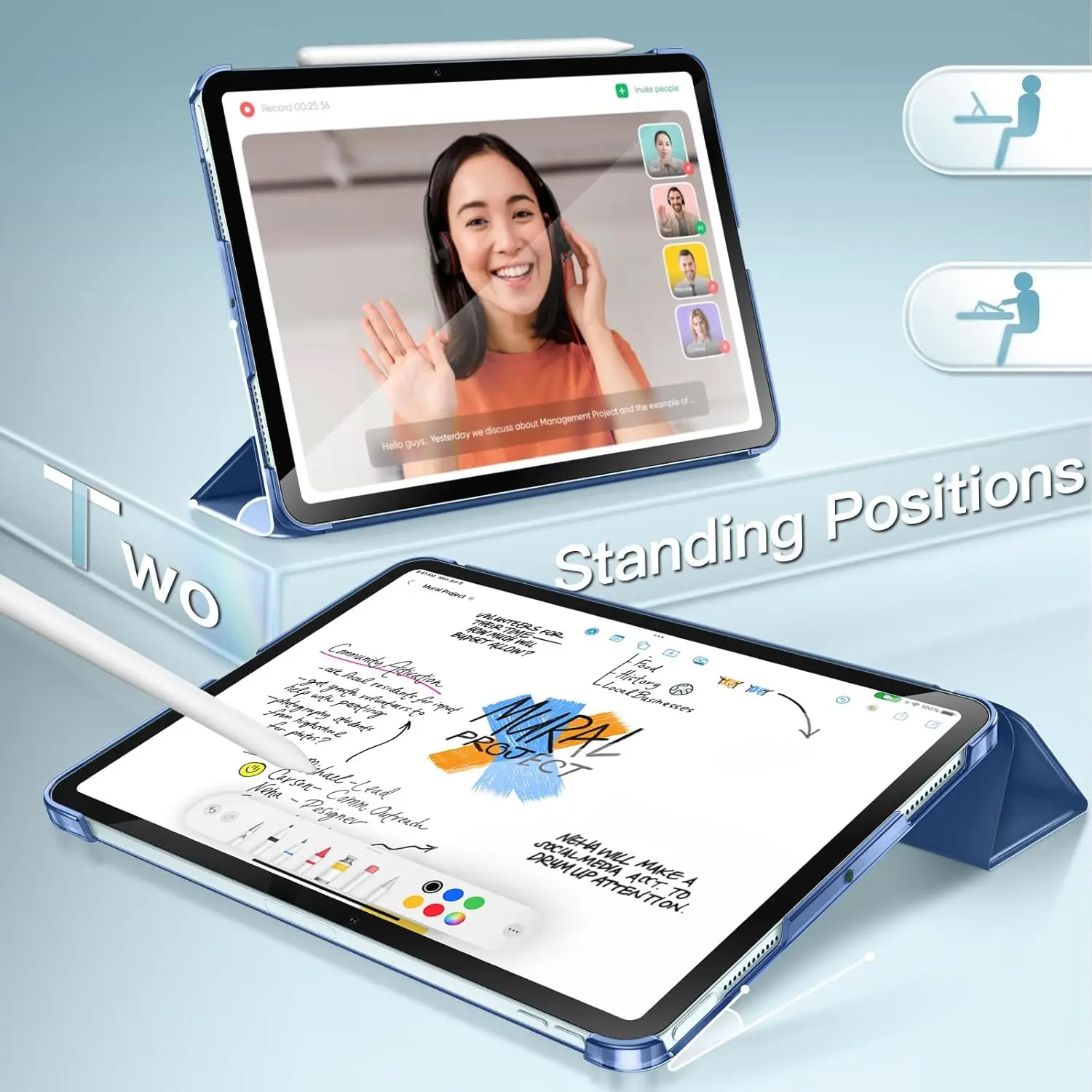 iPad Air 11インチ M3/M2 (2025/2024)、iPad Air 5/4 (2022/2020 第5/第4世代 10.9インチ)用ケース、スリムスタンド付きハードバックシェル