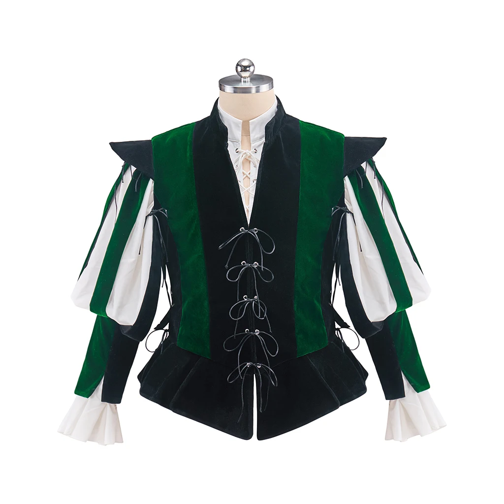 

Men's Renaissance Costume Ren Faire Pirate Medieval Cosplay Green Slit Sleeves Jacket White Shirt Suit Retro Knight Jacket Set