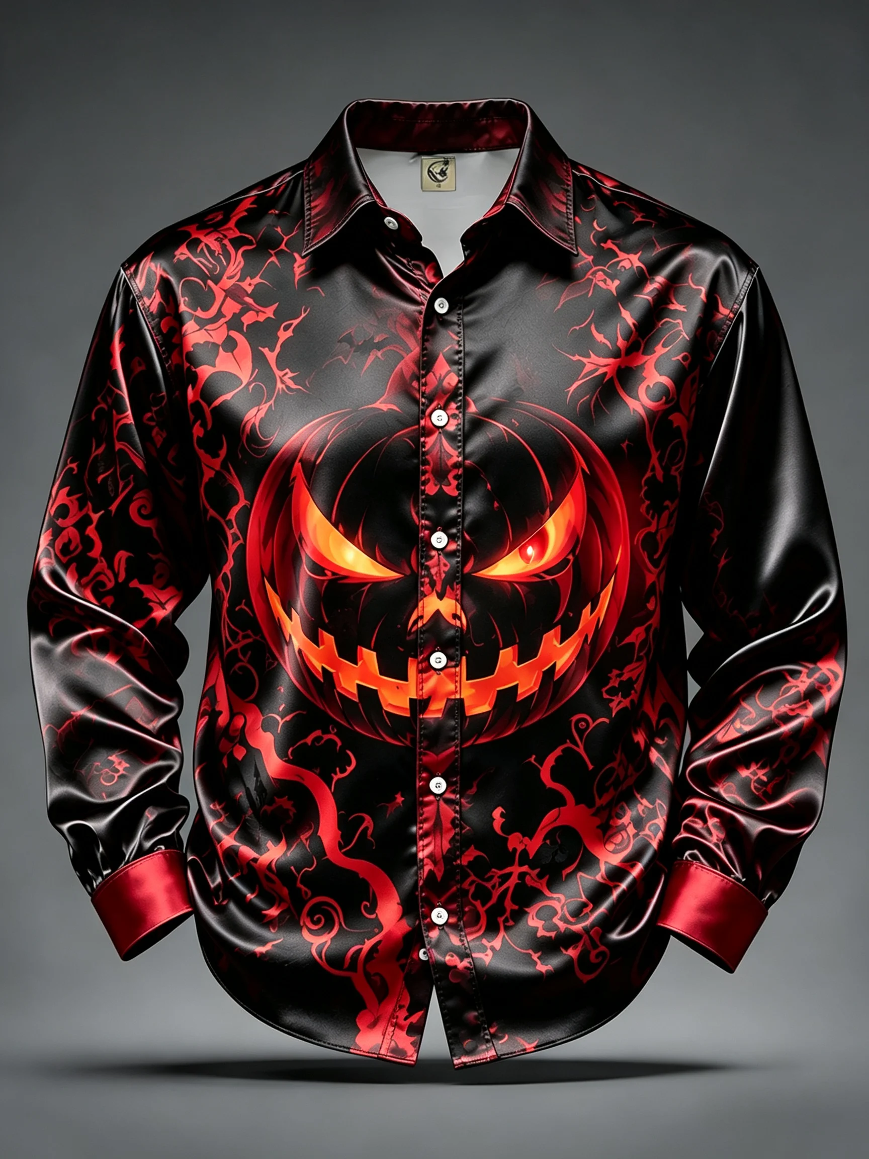 Men's Satin Long Sleeve Shirt Halloween Glowing Pumpkin Print Party Button Down Shirt