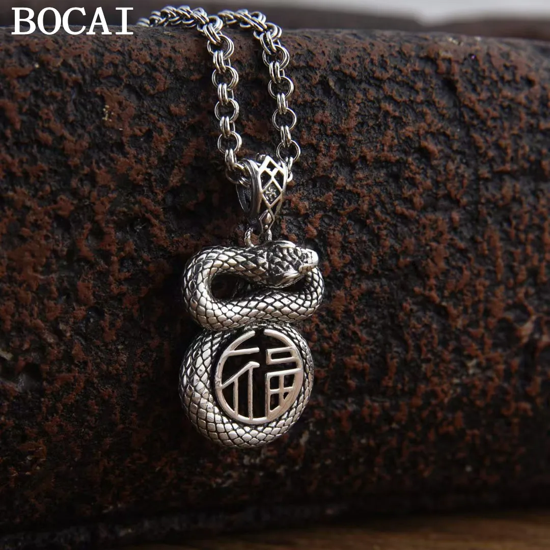 

BOCAI NEW S925 Pure Silver Retro Personality Lucky Character Snake Pendant