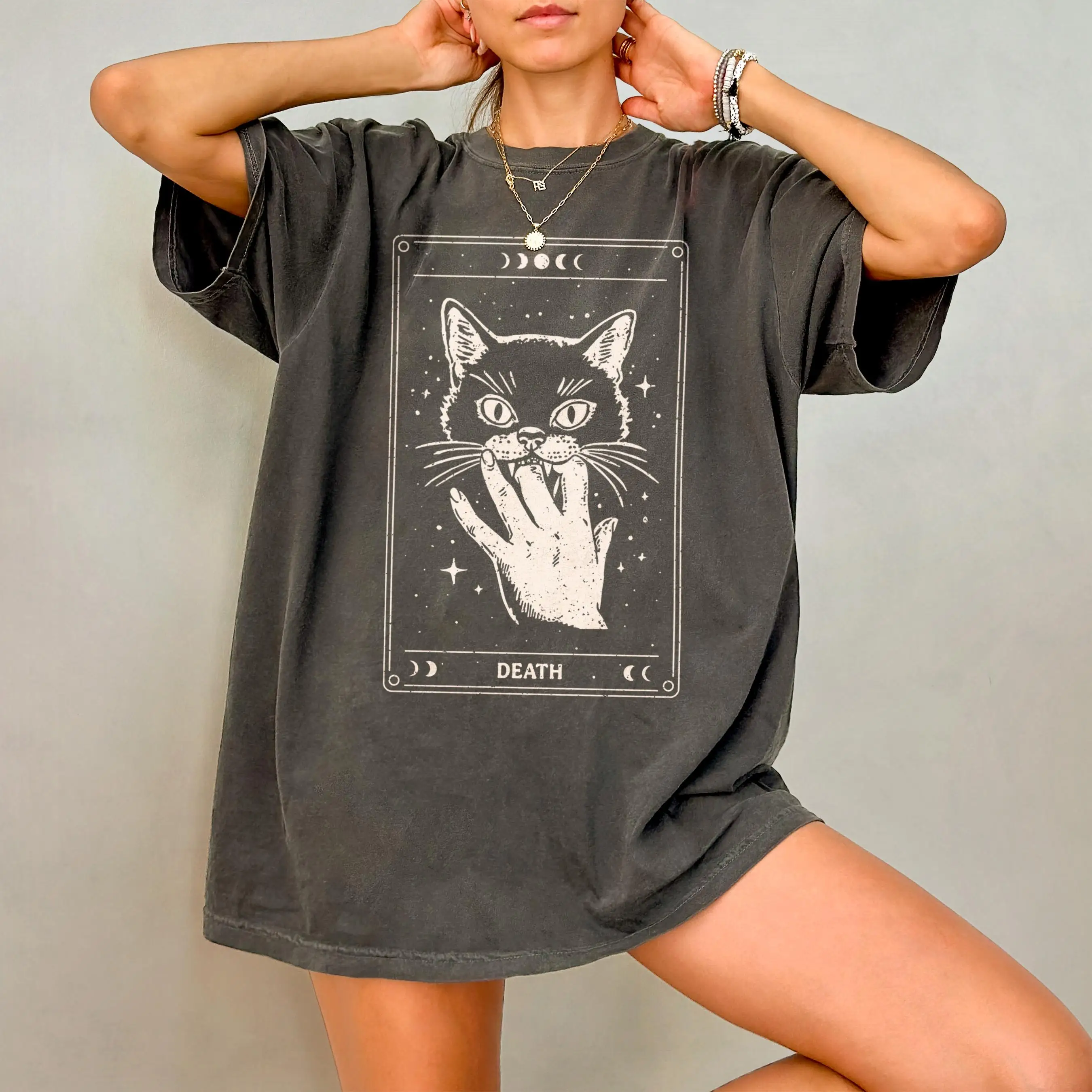 Damen-T-Shirt mit Katzen-Tarot-Muster in Übergröße, Baumwolle, atmungsaktiv, modisch und vielseitig, Unisex, Streetwear, Übergröße
