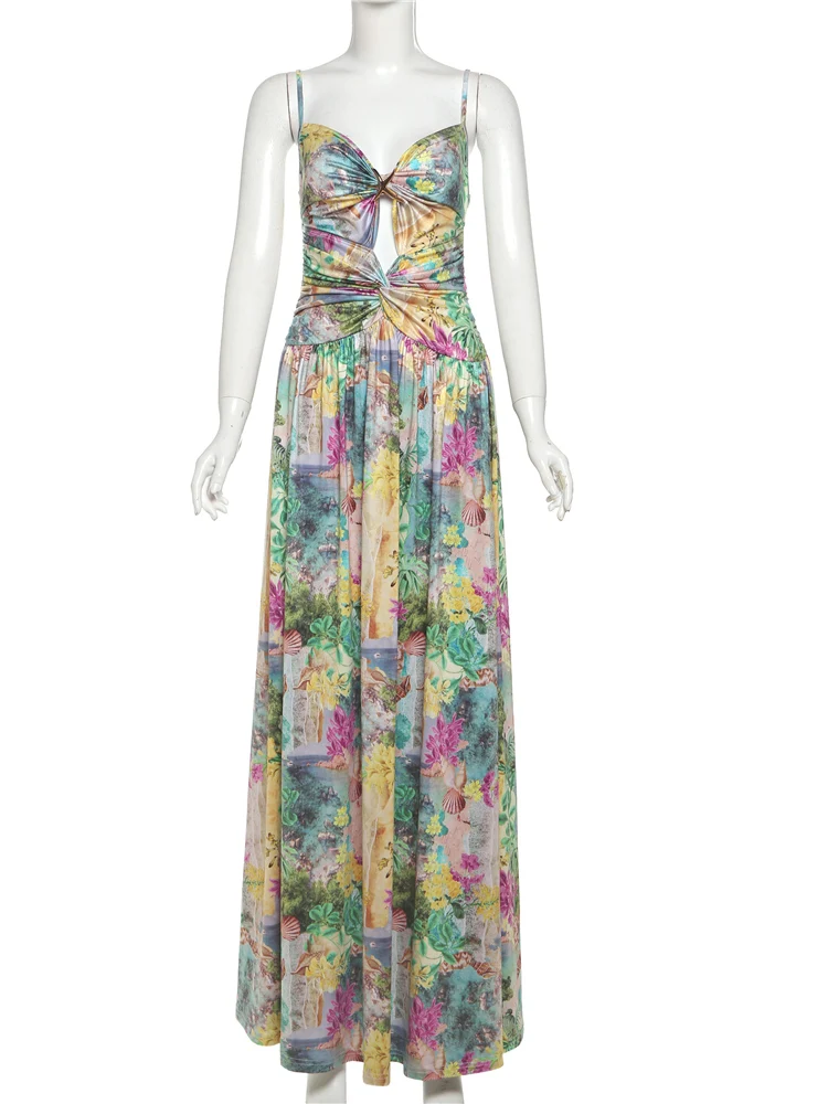 Sisterlinda Monell Floral Print Dress Stunning Summer Hipster Shirring Hollow Sleeveless Splitted Maxi Bodycon Female Attirewear