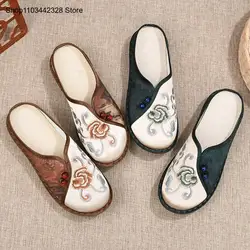 Women's 2024 Summer New Breathable Linen Hanfu Shoes Half Slippers Soft Bottom Ethnic Style Embroidered Shoes