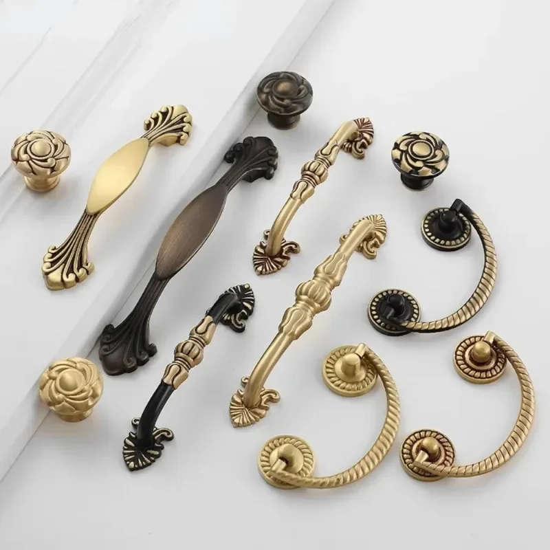 Solid Brass Furniture Handles Raised Pattern Cabinet Drawers Wardrobe Doors Vintage Brass Handles and Knobs