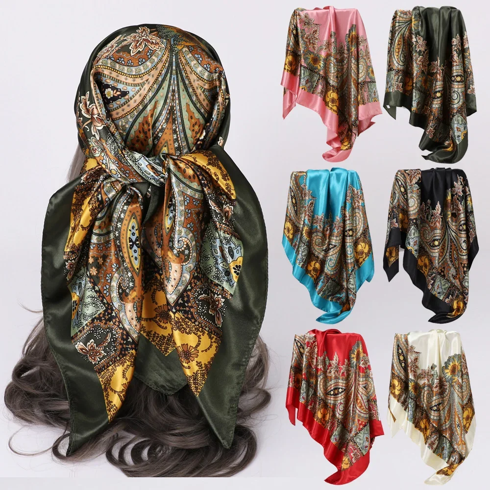 90*90cm Modischer Seidenschal Kopftuch Damen Vintage Vier Jahreszeiten Haarschal Hijab Foulard Bandana Femme Kopftuch