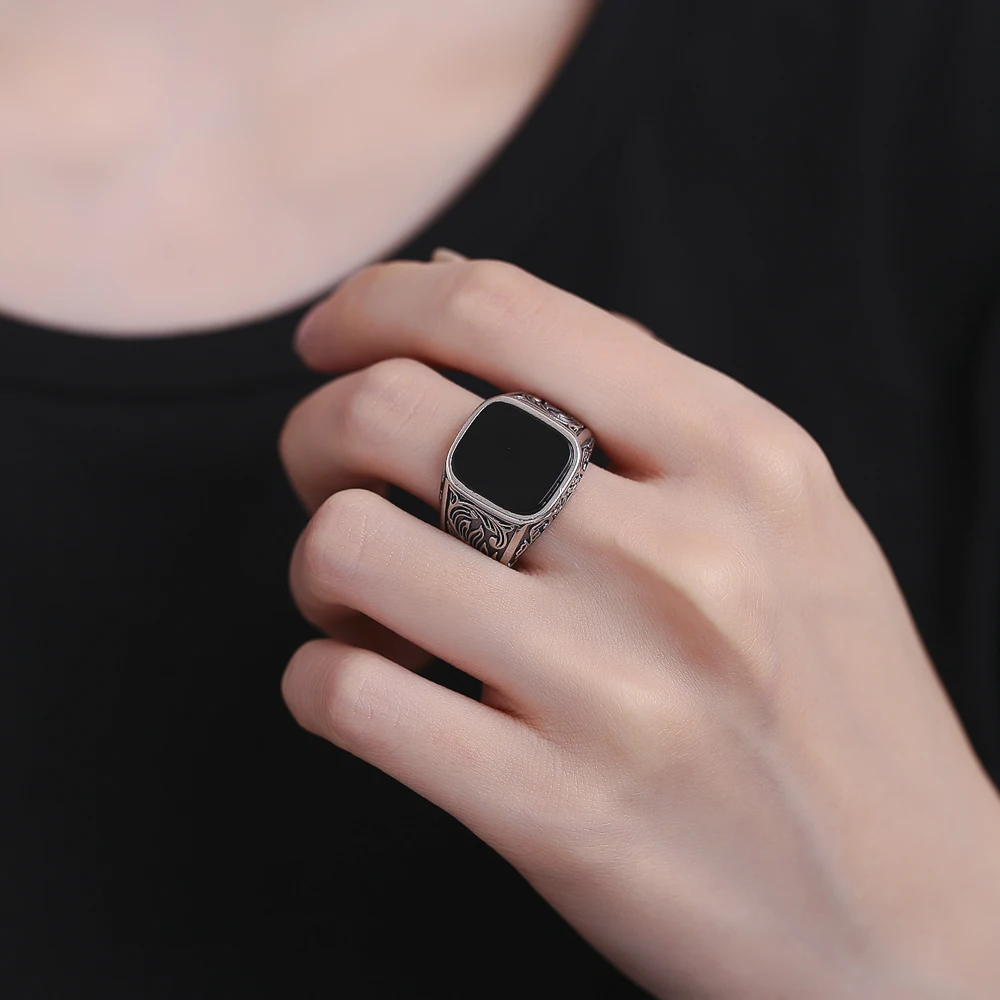 Men's Black Agate Wedding Band Ring, Gift