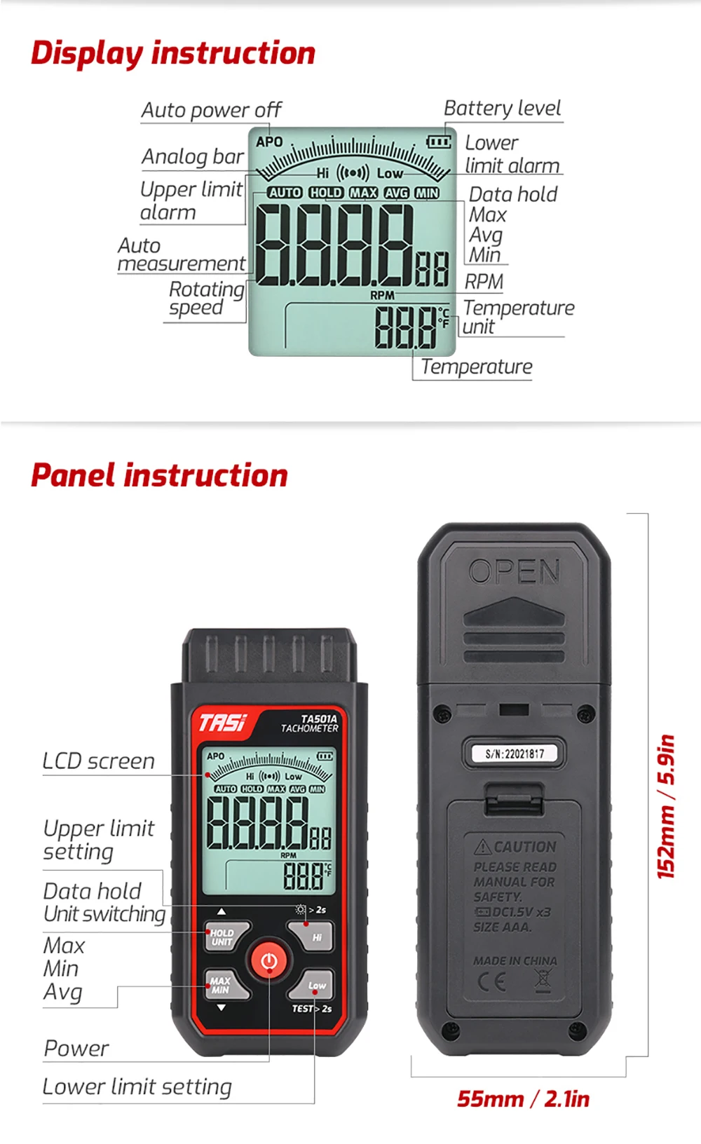 TASI TA501A Digital Tachometer LCD RPM Display Non-Contact Laser Speedometer Wide Measuring Range 2.5~99999RPM Speed Meter