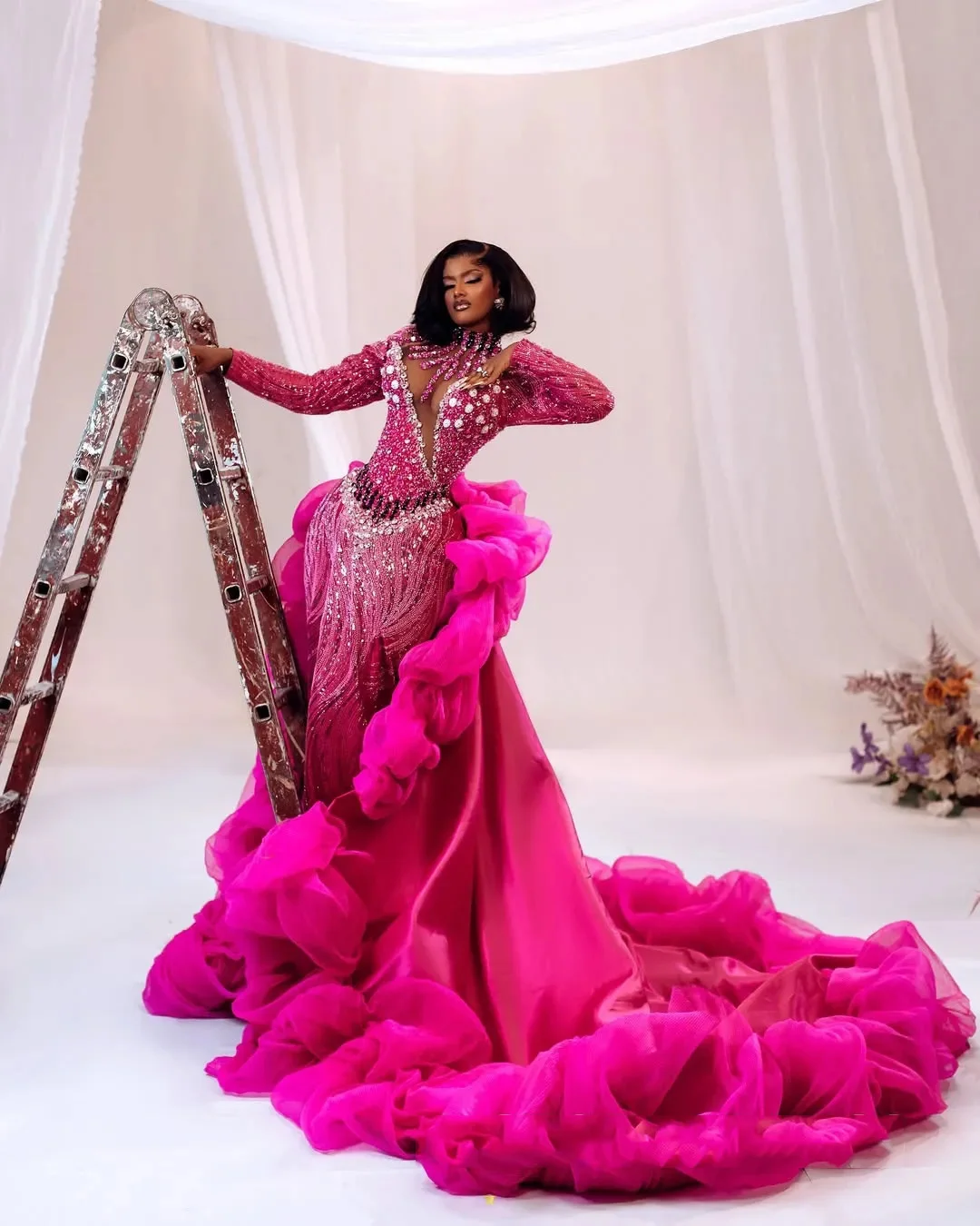 Abiti da sera con perline illusione Gonna oversize rimovibile con paillettes Abiti formali in organza Abito da ballo rosa taglie forti Maniche lunghe