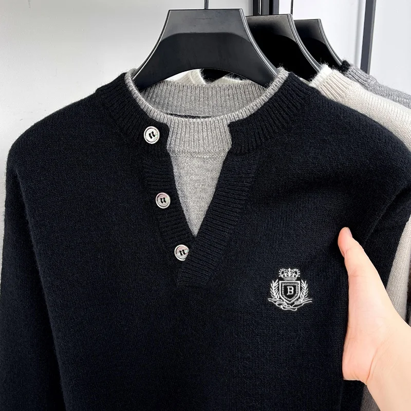 Britischer Stil Herren Langarm-Strickpullover mit Knöpfen, Zweiteiler-Optik, Farbblockierung, Stickerei, Outdoor-Komfort, Herrenbekleidung – Detail 16