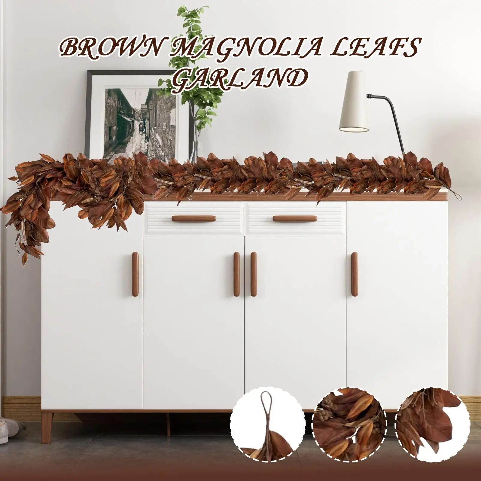 سقوط ماغنوليا جارلاند 6 أقدام وهمية الشرفة زخرفة واقعية الصنوبر المخاريط ماغنوليا يترك جارلاند لخريف باب جدار الموقد نافذة #2