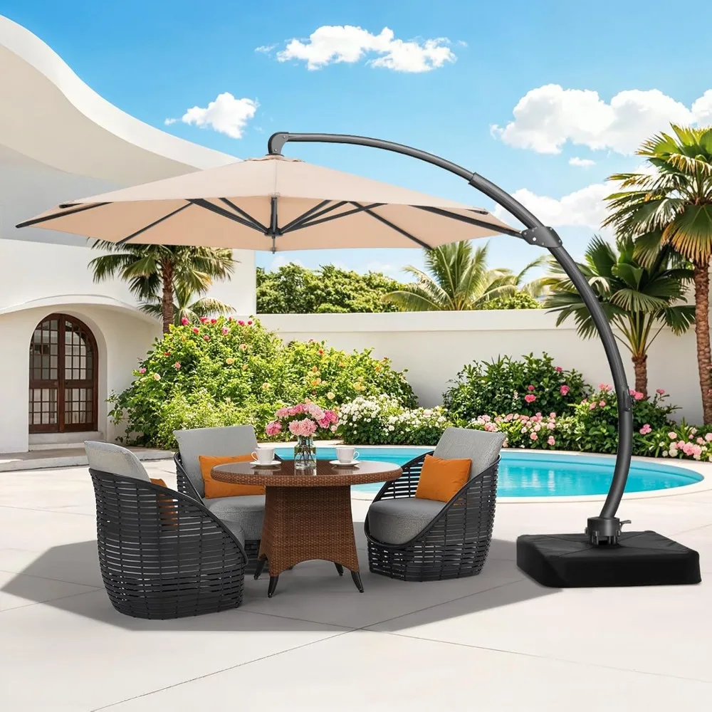 

11 FT Outdoor Patio Umbrella with Base, Aluminium Curved Cantilever Umbrella, Large Round Hanging Offset Umbrella with Unlimited