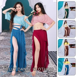 Traje de danza del vientre para mujer, ropa de práctica de tul Sexy Oriental, Top corto profesional de danza del vientre, falda larga dividida de Color sólido