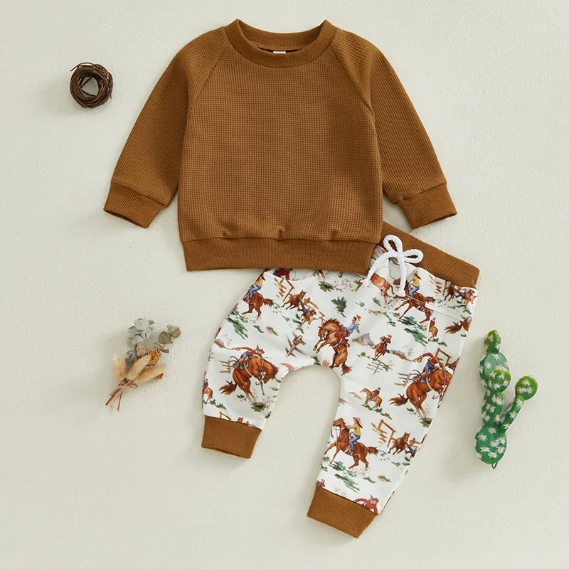 Baby Boys Long Sleeve Pullover Sweatshirt + Cattle Print Pants Clothing Sets 2pcs Outfit Newborn Clothes Set