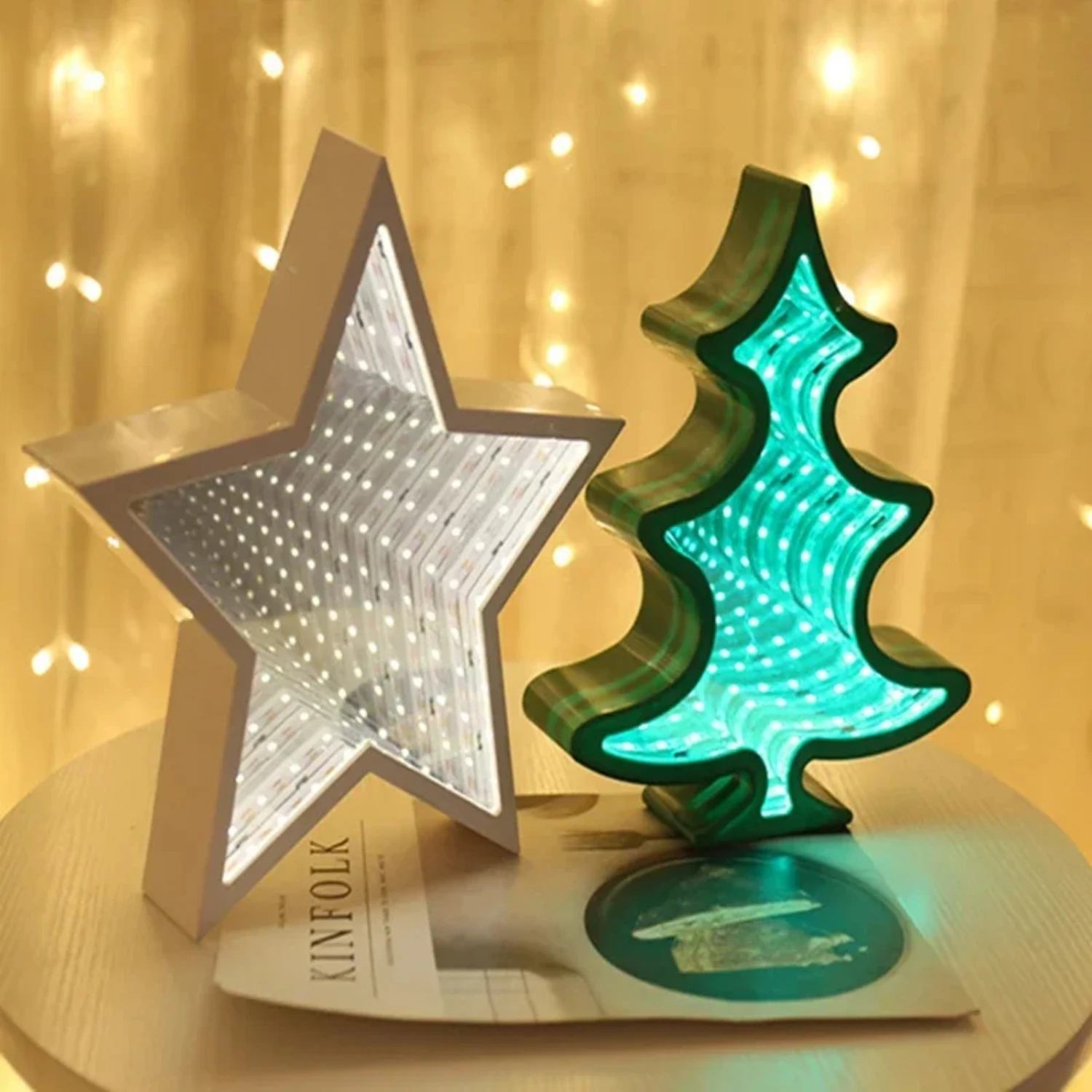 New 3D Mirror Lights Bells Christmas Tree Pentagram Love Night Light Infinity Creative LED Mirror Tunnel Lamp   Baby Toy Gift