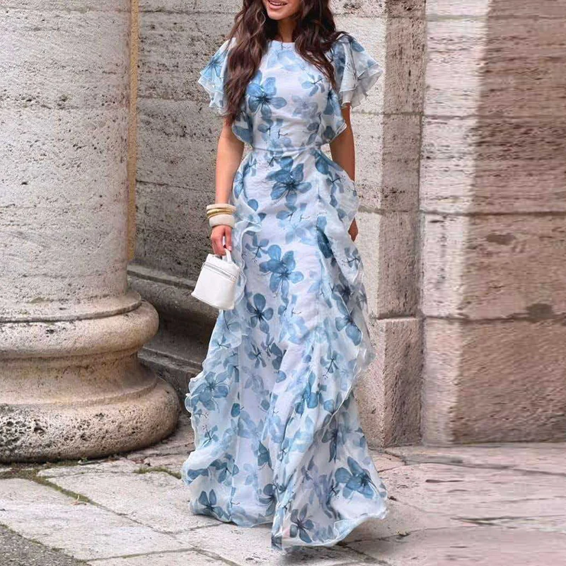 Women O Neck Floral Print Maxi Dress New Short Sleeve High Waist Ruffle Hem Chiffon Long Dress Casual Vacation Party Beach Dress