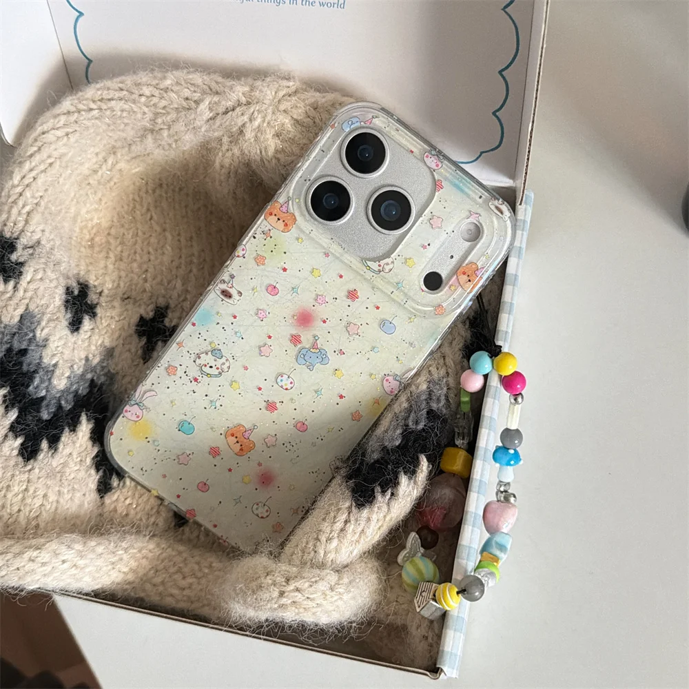 Glitter lines cherry animal cartoon phone case for iPhone 17 Pro 14 15 Pro Max 16 pro 17 cover with hinge cute protection Cases