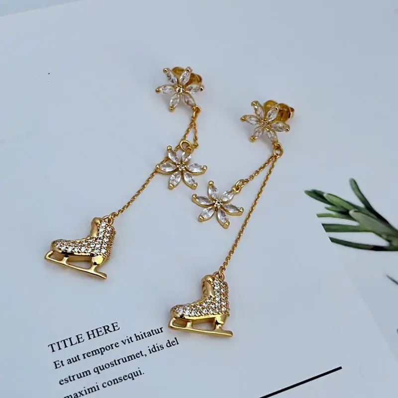 

Sweet and sparkling zircon inlaid ice skates snowflake shaped women's long earrings