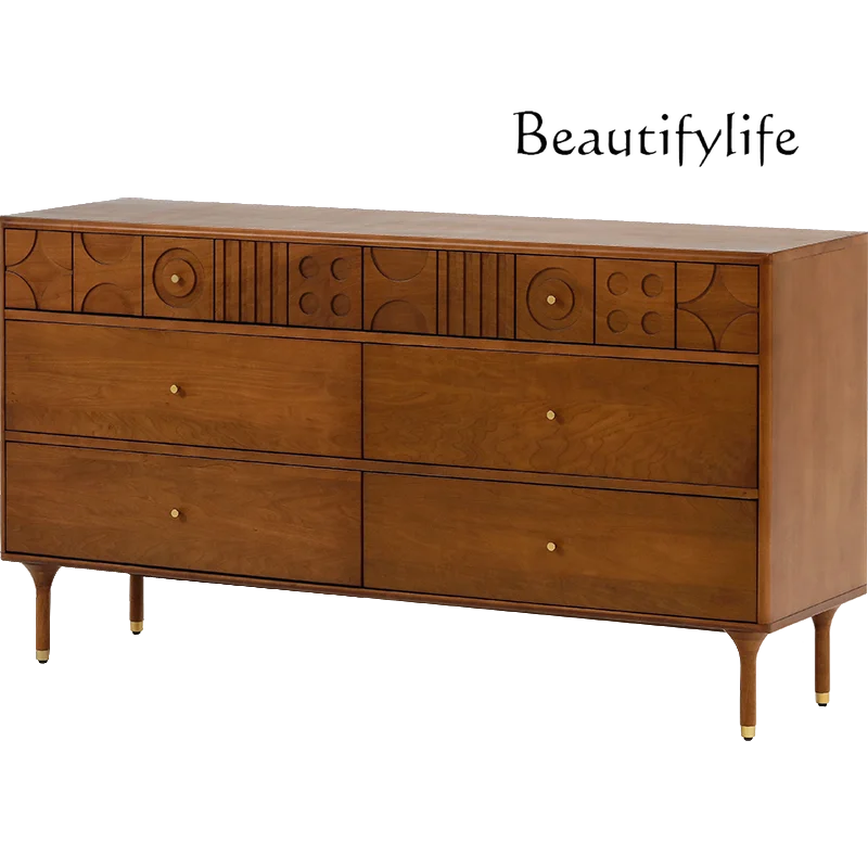 

Nordic Retro Style Simple Solid Wood Carved Chest of Drawers Design Sense Storage Organizer Side Cabinet