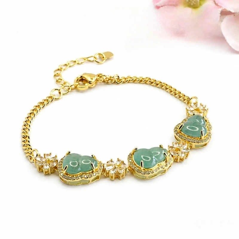 Natural A Grade Blue Water Jadeite Calabash Inlaid Bracelet Gold Plated Zircon Decor Lucky Gourd Gemstone Bracelet Jewelry Gift
