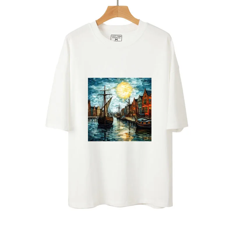 Retro Oil Painting Maritime City Ships Setting sun Iron On Transfer Art Sticker For Clothes T-shirt DIY Heat Transfer Patch DTF