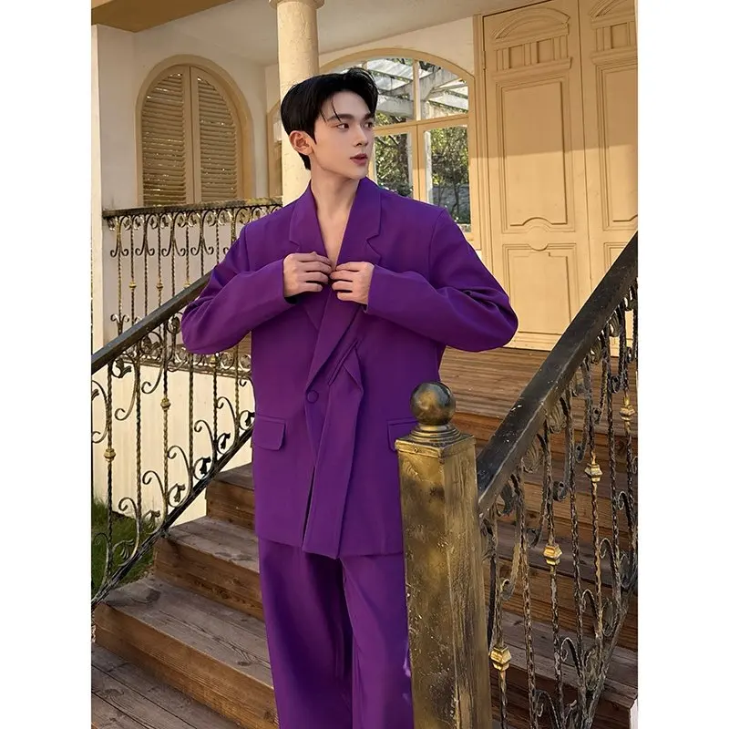 

Loose Fit Purple Suit Set Street Style Wide Leg Pants Two Piece Set for Men Casual Youth Fashion Single Breasted Plain Color