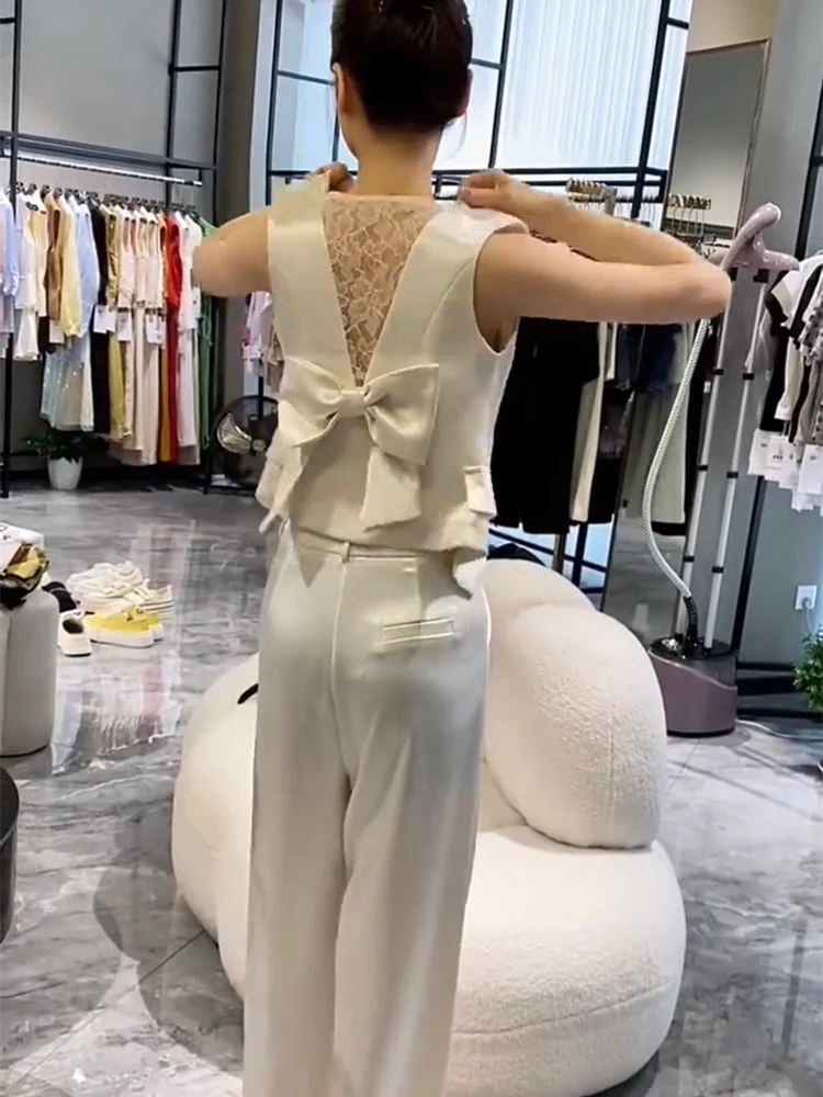 

2025 Summer New Women's Pure Desire Wind Beautiful Back Lace Bow Satin Vest Casual Wide Leg Long Pants Commute Set