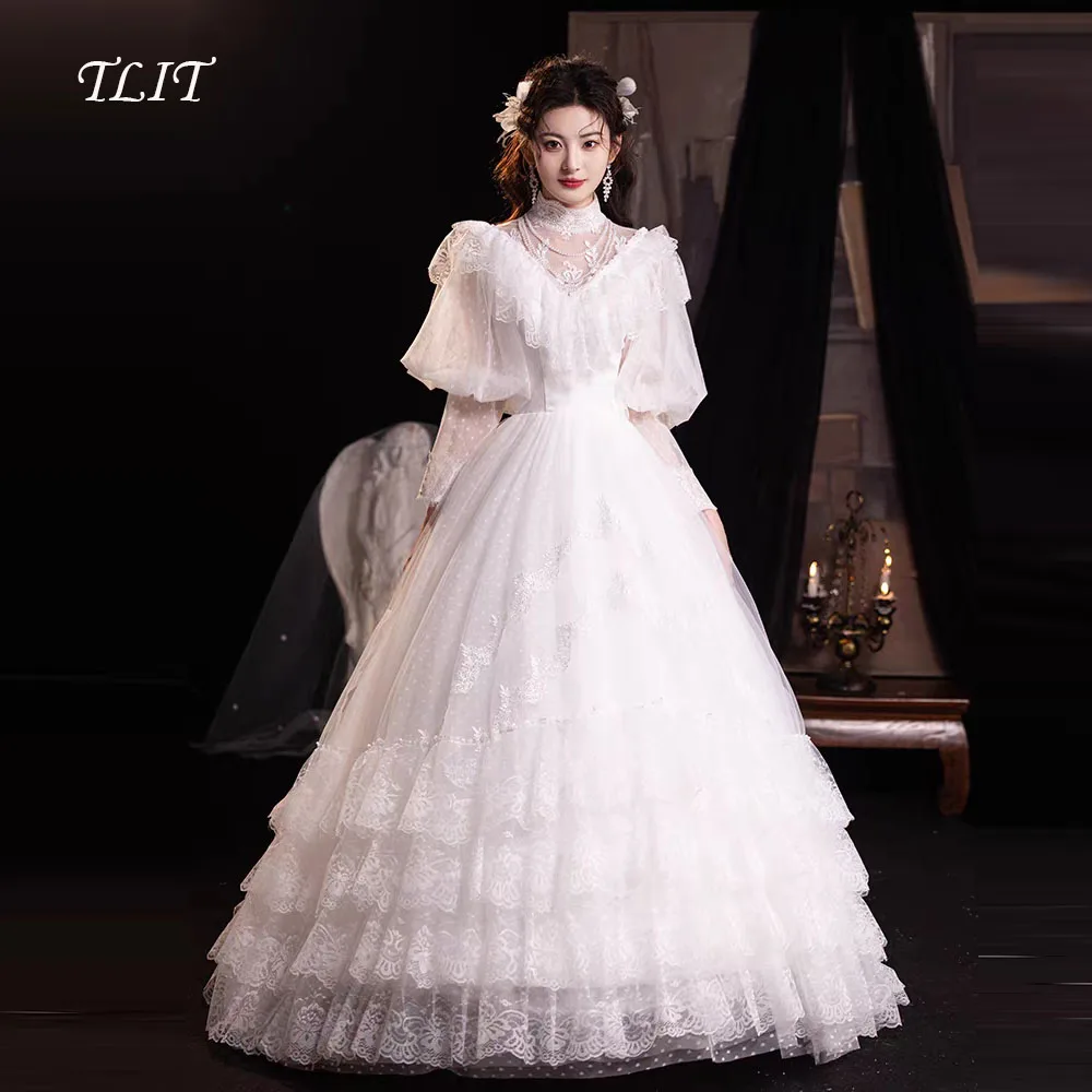 TLIT Luxurious Lace A-Line Tiered Wedding Dresses Customized Korea Wedding Dress Photoshoot Strapless O-Neck Bridal Gowns