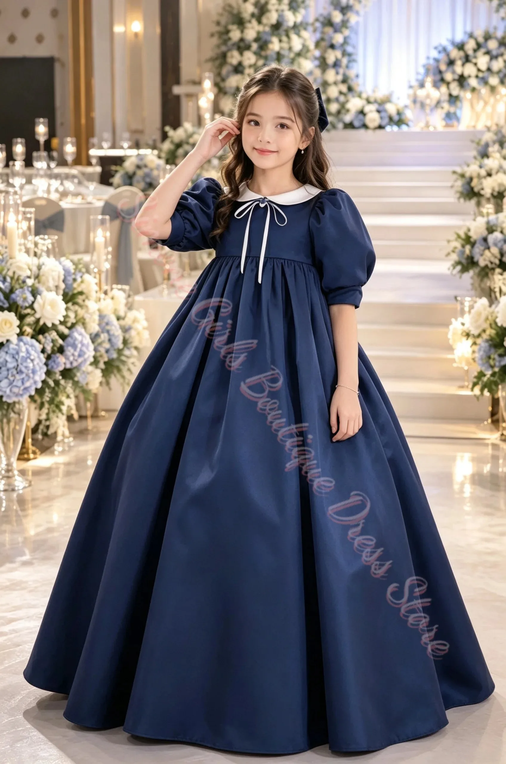 Maßgeschneidertes, blaues, flauschiges Blumenmädchenkleid für Hochzeiten, mit Puppenkragen, aus Satin, mit 3/4-Ärmeln, für die Erstkommunion, Kindergeburtstagsfeier, Großhandel – Detail 3