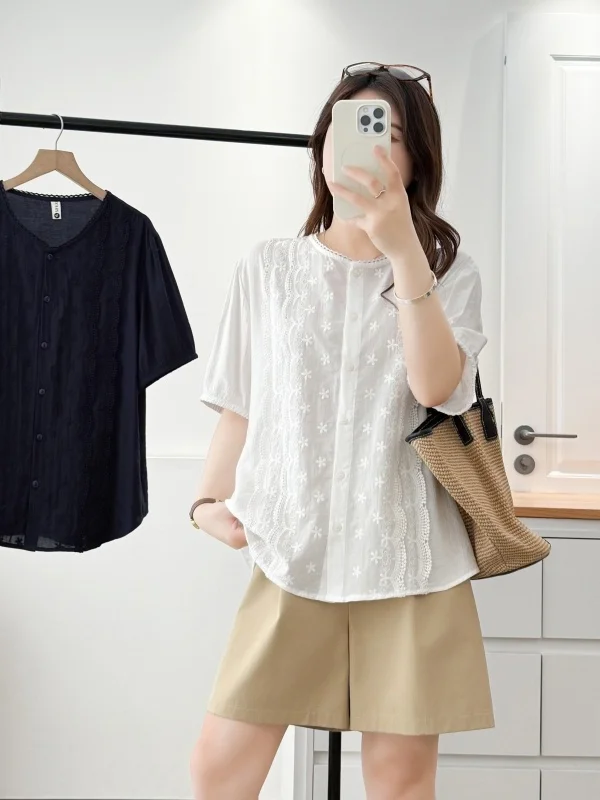 

Casual Style Short Sleeve Embroidered Loose Fit round Neck Shirt Women's Summer Slimming Top Half Sleeve round Neck Blouse