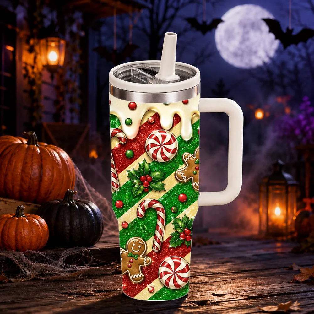 Sweet Candy Cane Christmas Vacuum Flasks 40oz Large Capacity Stainless Steel Tumbler with Handle Straw Lid Insulated Mug Cup
