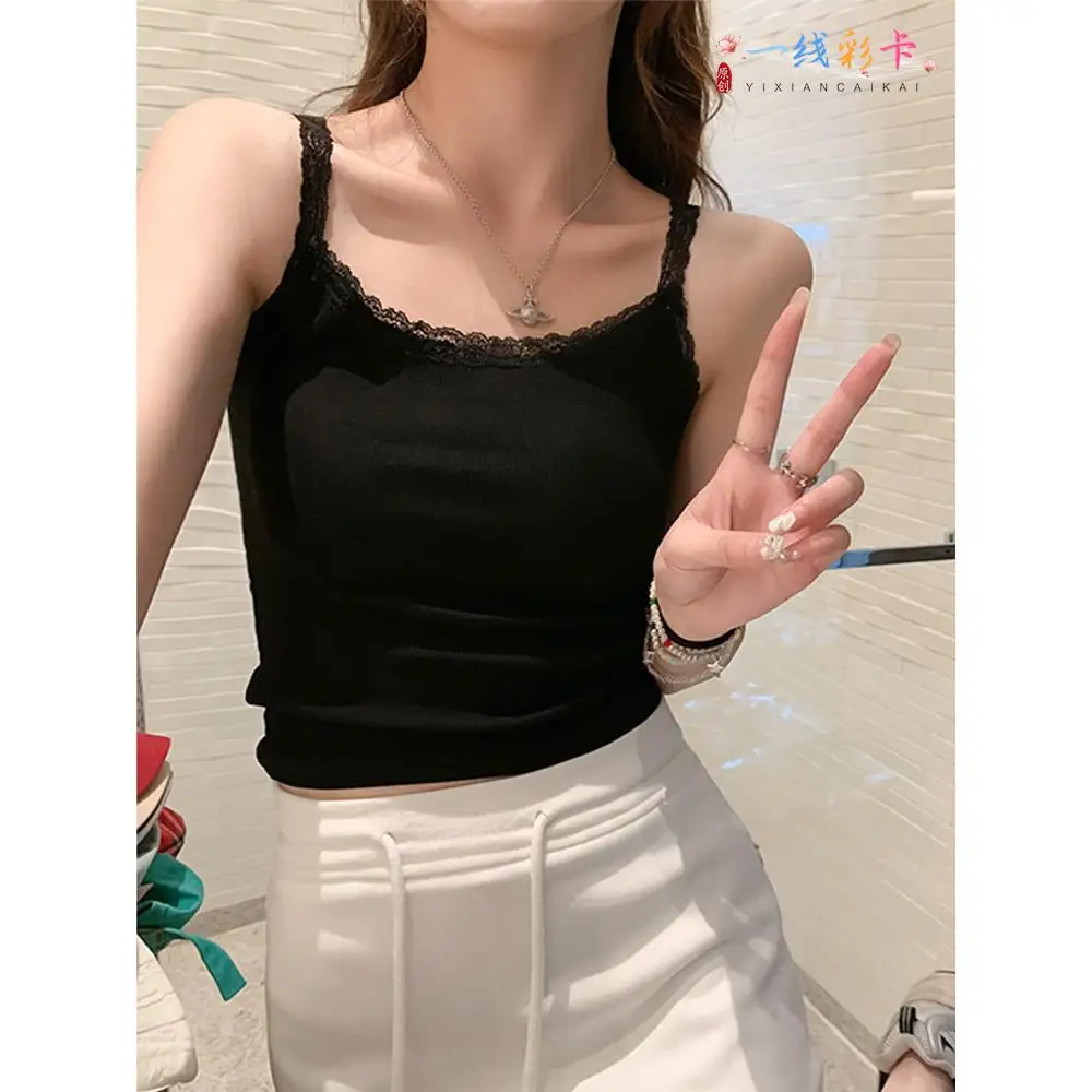 Women's Lace Crop Top Strap Vest Sweet Style High Elasticity Summer Breathable Short Length Inner Wear Outer Wear Versatile