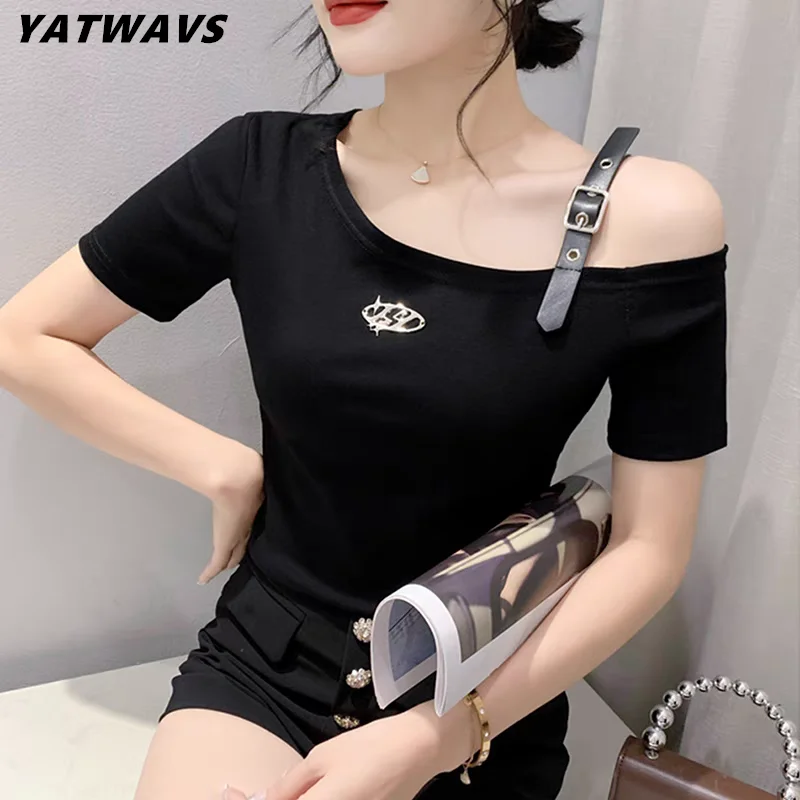 

New Chic Summer Korean Off Shoulder Short Sleeved Women's T-Shirt Fashion Sexy Skew Collar Slim Tees Streetwear Girl Cotton Tops