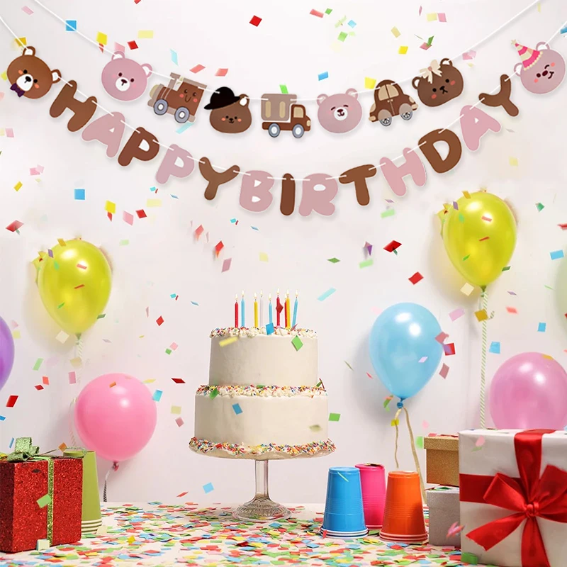 Bear Happy Birthday Banner Cute Paper Birthday Bunting Banner Hanging Garland For Kids Baby Shower 1st First Birthday Decoration