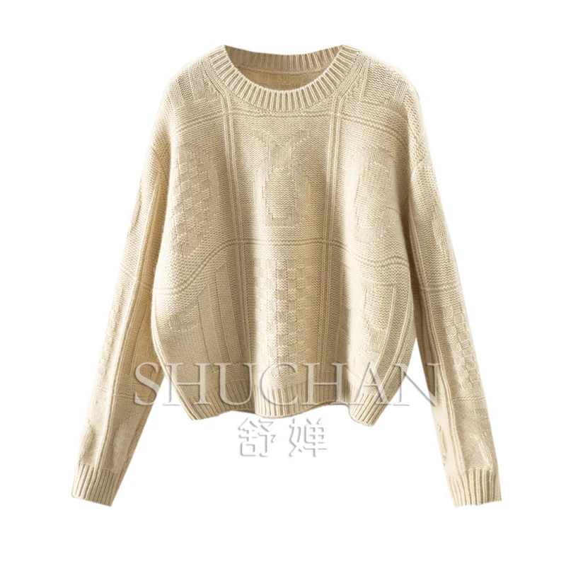 

Warm Luxury Chic Jacquard 100 Cashmere Crew Neck Long Sleeve Sweater Women Sueter Mujer Pullover Korean Fashion