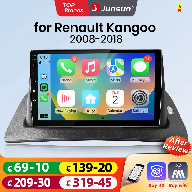 Junsun Android Auto Autoradio für Renault Kangoo 2008 2009 2010 2011-2018 Multimedia Wireless CarPlay SWC GPS Navi RDS DSP FM