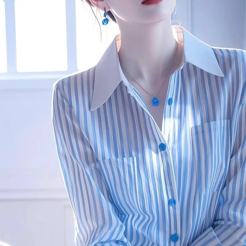 Chemisiers Vintage pour femmes, chemises rayées, mode ample, couleur unie, vêtements décontractés, manches longues, hauts coréens pour femmes, printemps/été