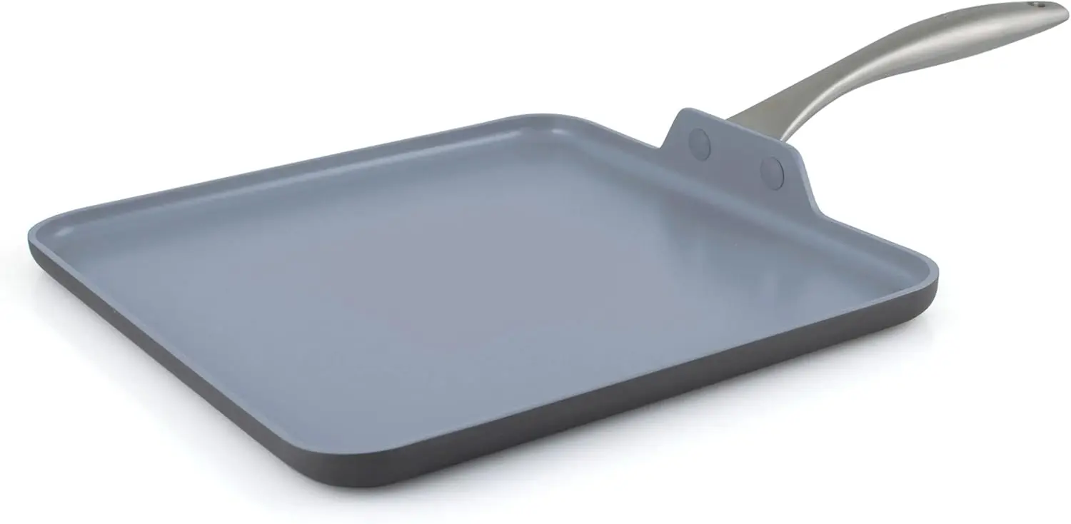 

11-Inch Square Ceramic Nonstick Griddle Pan, Oven Safe, Stainless Steel Handle for Eggs & Omelets
