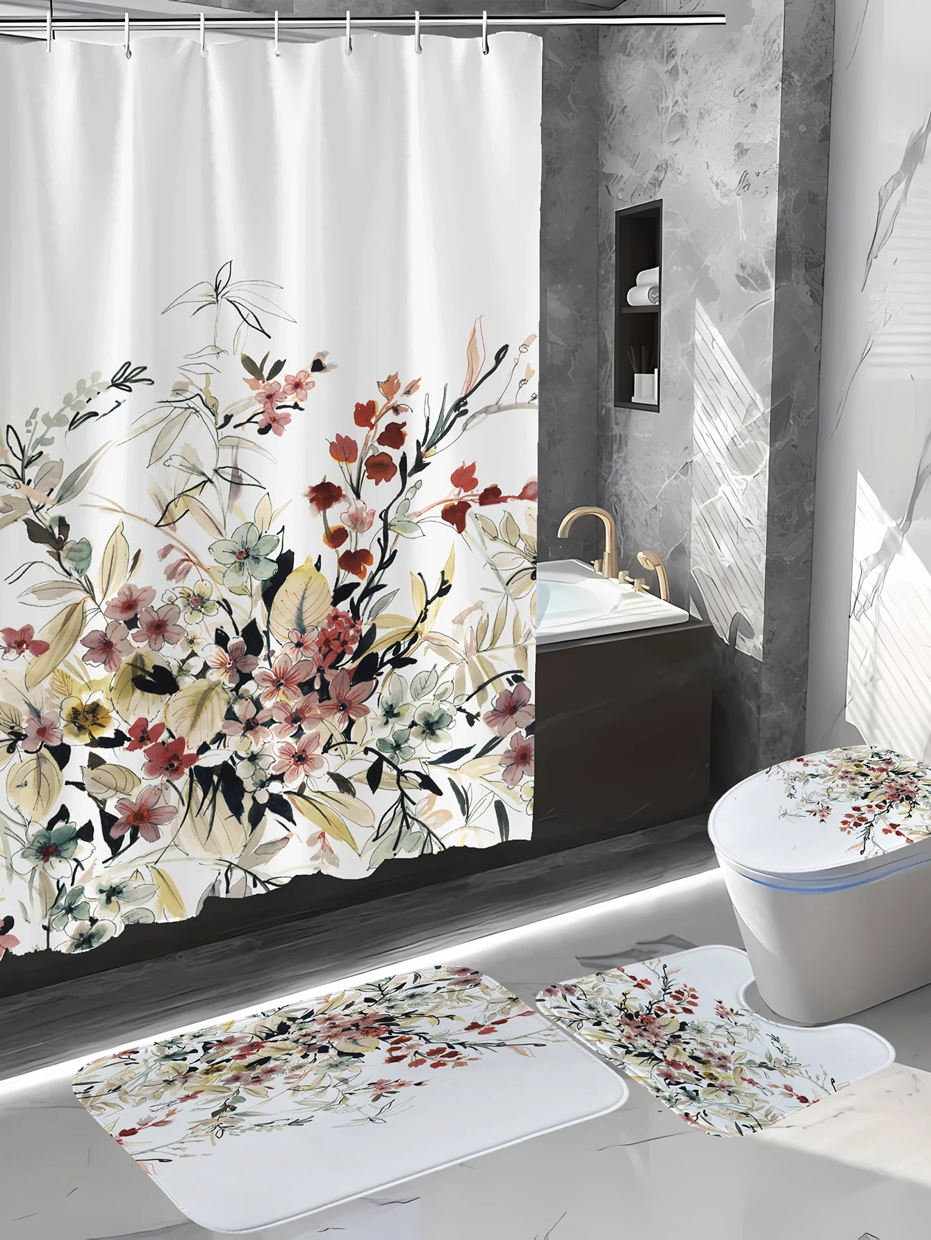 4PCS Colorful Butterfly Plant Series Shower Curtain Set with Four Pieces Bathroom Decoration