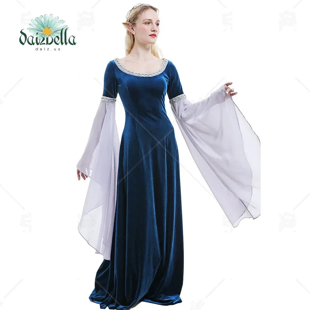 DAIZBELLA Halloween Costume de Cosplay médiéval robe historique faite à la main rétro fée elfe robe en velours bleu foncé avec manches