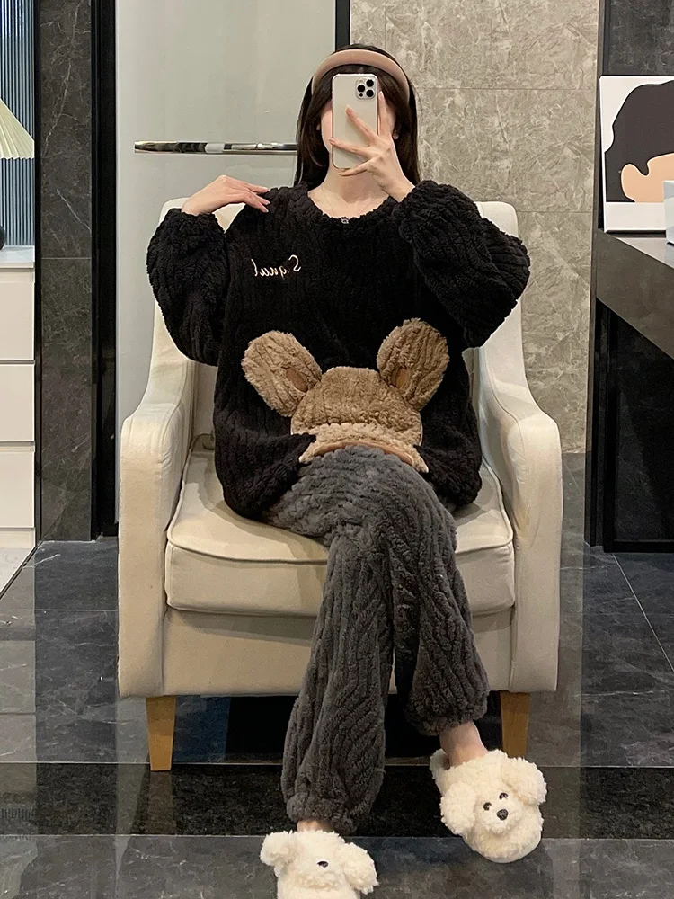 

Thiened Coral Fce Spwear, женская фланелевая домашняя одежда большого размера, осенне-зимний уличный весенний комплект с рисунком медведя