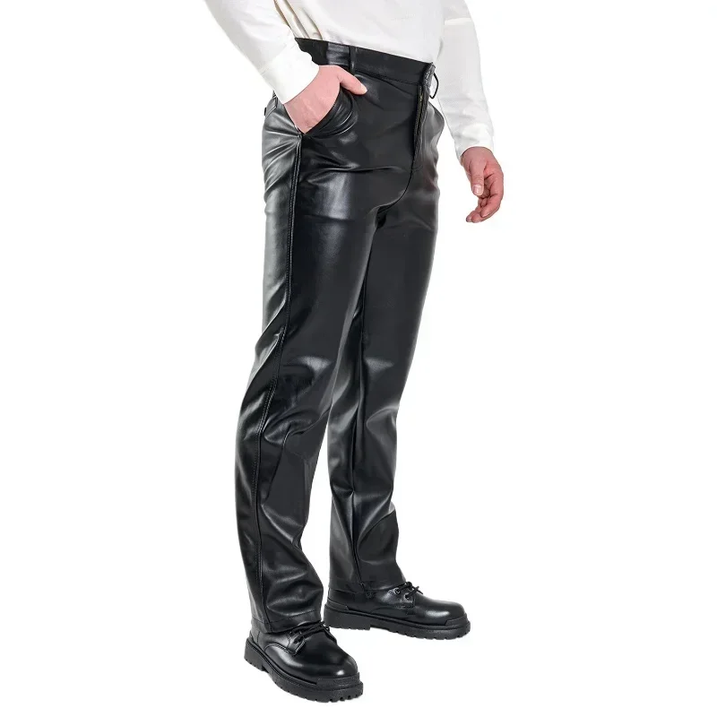 Spring& Autumn Casual Versatile White Mens Leather Pants , High Waisted Straight Tube Windproof Motorcycle Pantalon Cuero Hombre