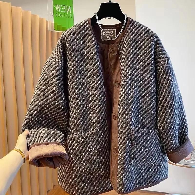 

Твидовое шерстяное пальто, женское стеганое пальто с длинными рукавами, новинка 2025, осенне-зимнее пальто с хлопковой подкладкой, свободная теплая верхняя одежда