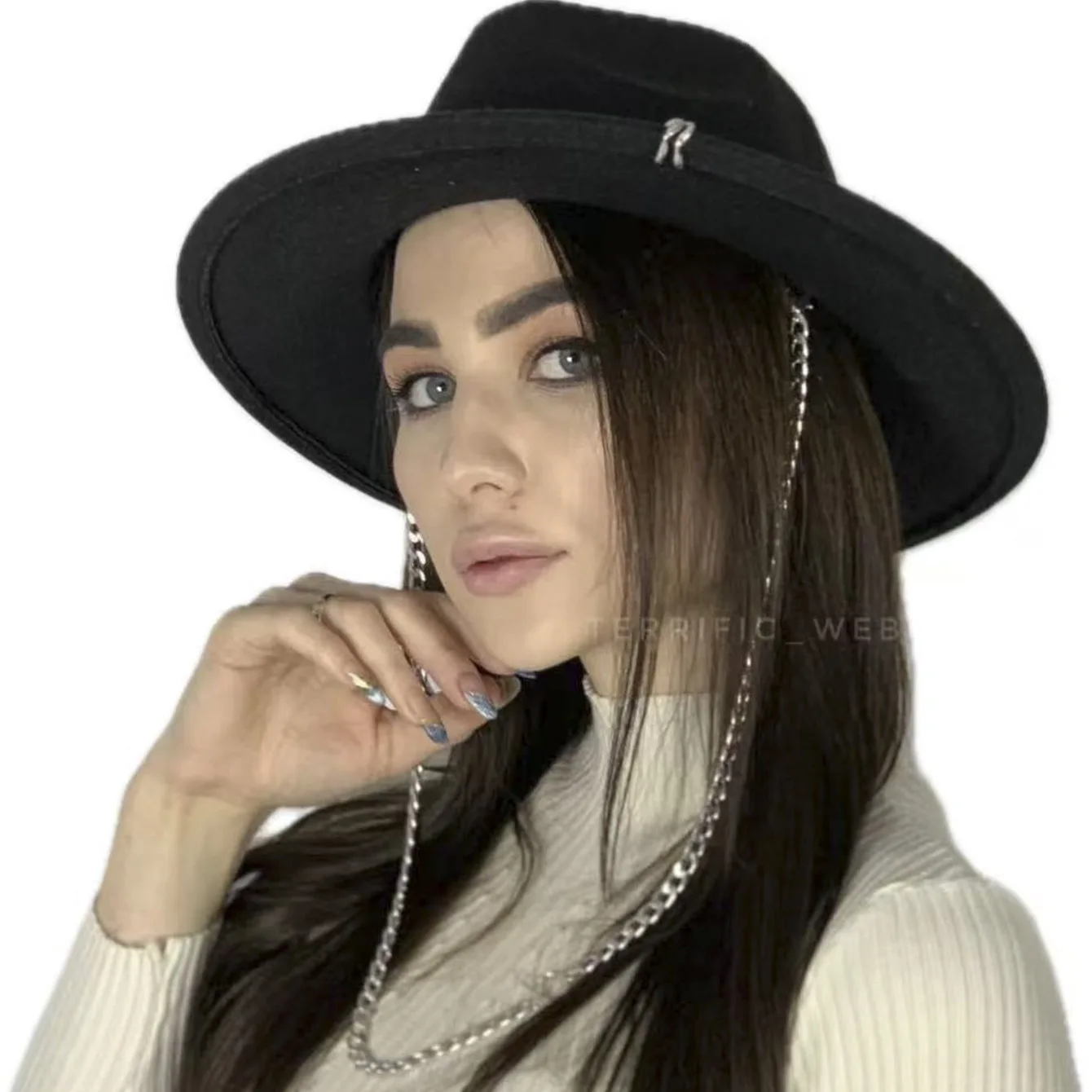 Russian Style Silver Chain Design Felt Hat with Beads, Шляпа с цепью, Fedora Cap
