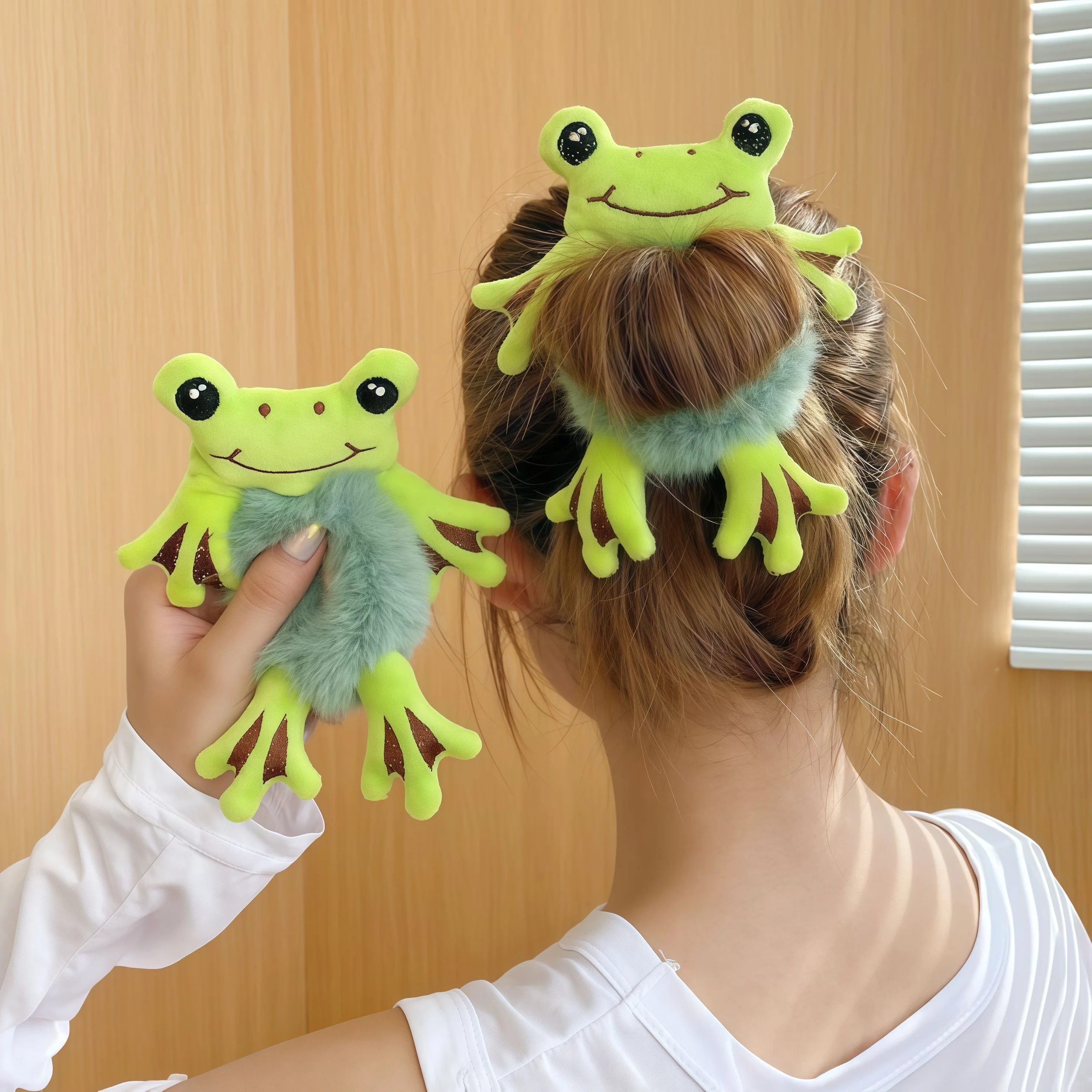 1 pieza, círculo para el cabello para niña, rana, pelo verde de felpa, moño circular, banda para el cabello divertida y bonita, coleteros elásticos para mujer, peinado de cola de caballo