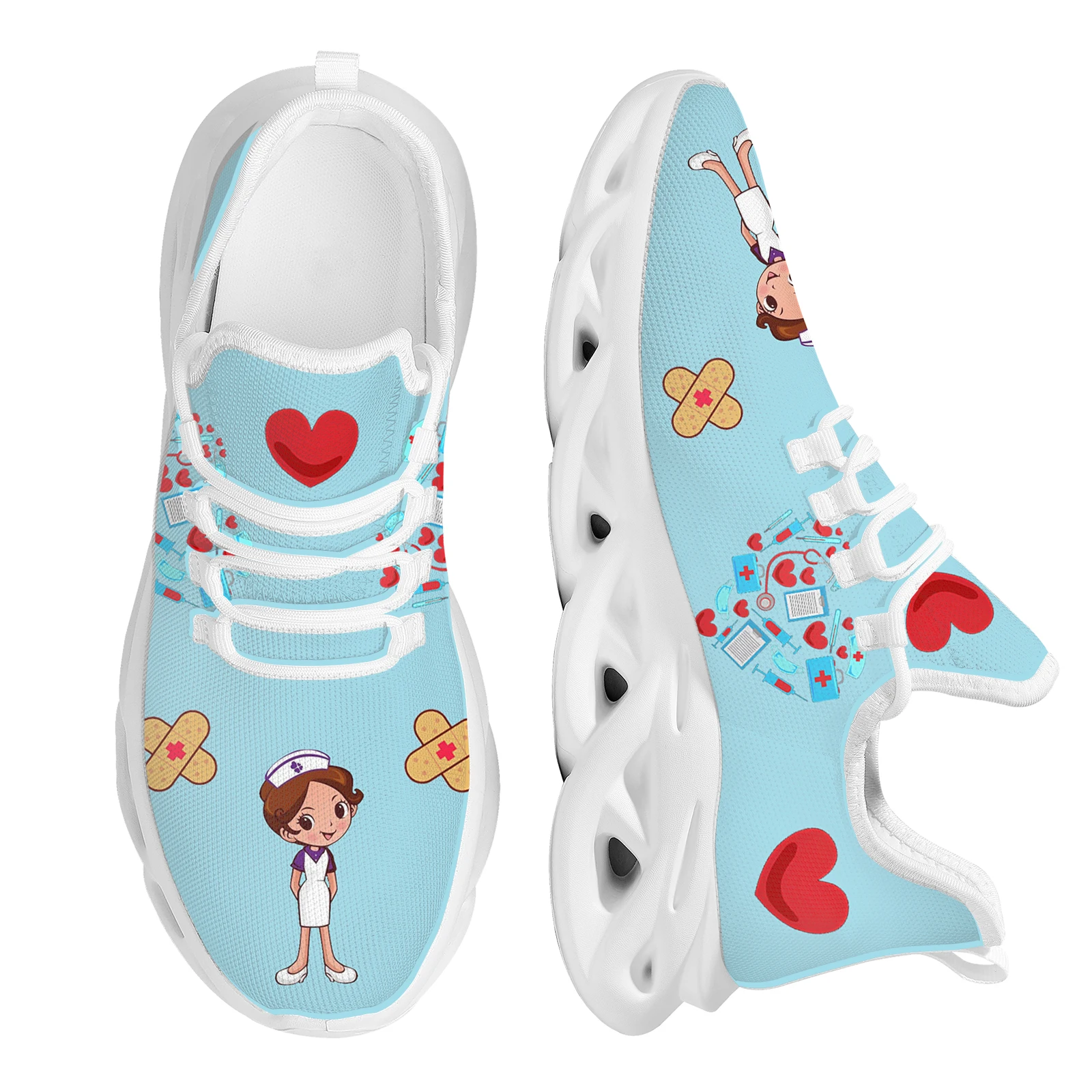 INSTANTARTS Women Shoes Breathable Fashion Mesh Swing Shoes Cute Nurse Girl Pattern Outdoor Cushion Sneakers for Hospital Worker