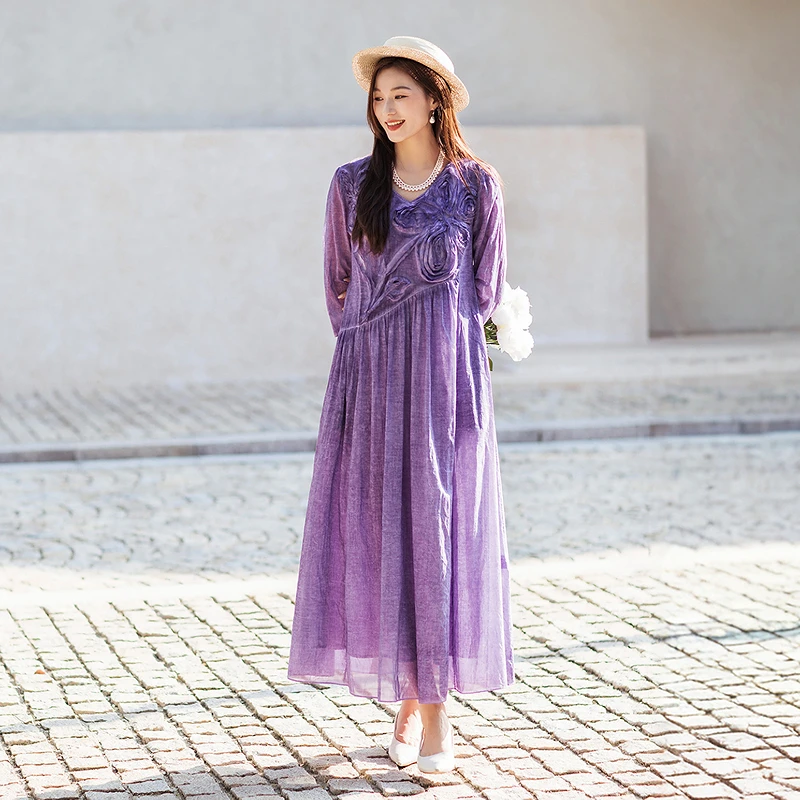 

Комплект Ele из 100% хлопка с 3D цветочным принтом для женщин: осенняя новинка, юбка А-силуэта, V-образный вырез, длинный рукав, повседневный стиль